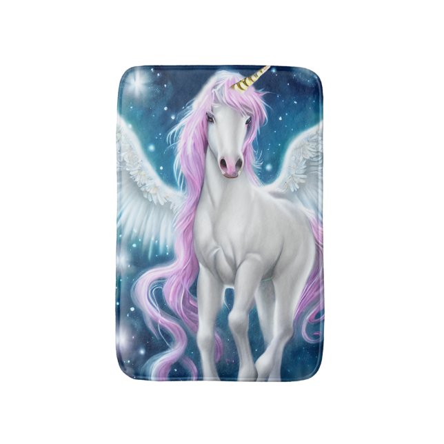 Fantasy Winged Unicorn with Pink Hair  Bath Mat (Front Vertical)