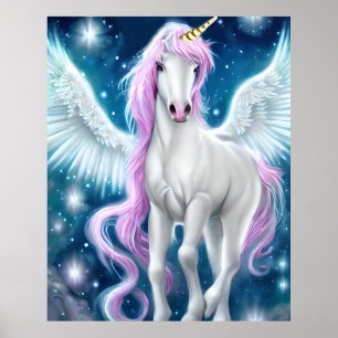 Fantasy Winged Unicorn with Pink Hair Poster