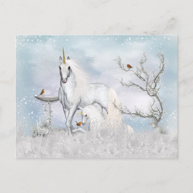 Fantasy Winter Unicorn And Foal Postcard (Front)