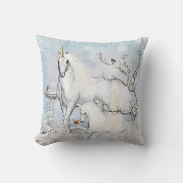 Fantasy Winter Unicorn Throw Pillow - Cussion (Front)