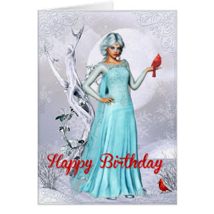 Fantasy Winter Woman with Cardinal Birthday Card