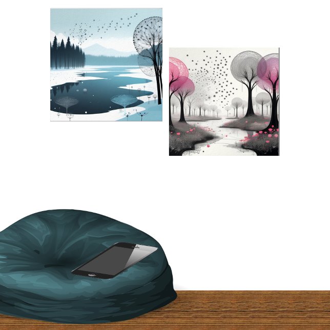 Fantasy Wispy Tree Paintings Pink and Blue (not to scale, gorgeous pops of color accent art.)