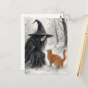 Fantasy Witch and Ginger Cat in Winter Forest Postcard
