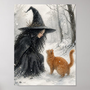 Fantasy Witch and Ginger Cat in Winter Forest Poster