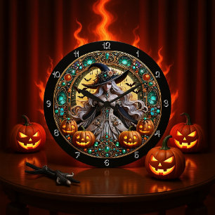 Fantasy Witch with Glowing Pumpkins Large Clock