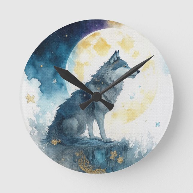 Fantasy Wolf & Gold Stars Artistic Large Wall Round Clock (Front)