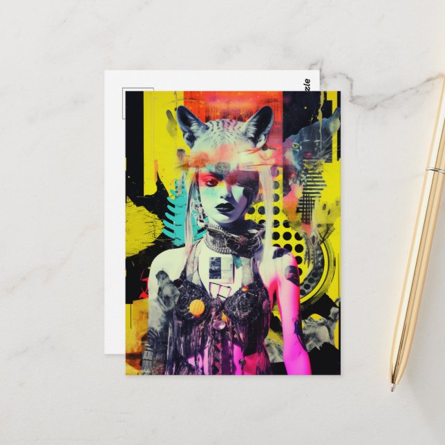 Fantasy Woman and Animals Colourful Collage Postcard (Front/Back In Situ)