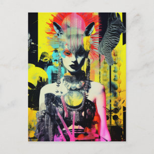 Fantasy Woman and Animals Colourful Collage Postcard