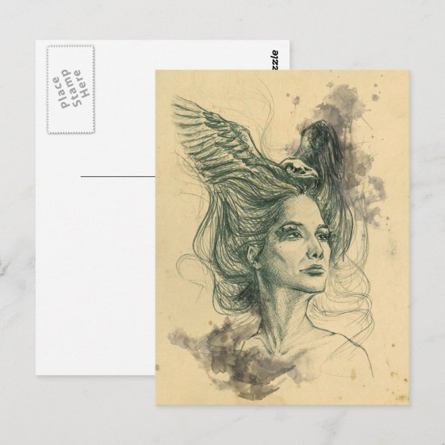 Fantasy Woman portrait Bird skull Wings Surreal Postcard (Front/Back)