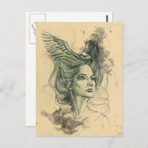 Fantasy Woman portrait Bird skull Wings Surreal Postcard