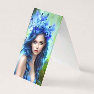 Fantasy Women Fairy Portrait with Blue Flowers and Business Card