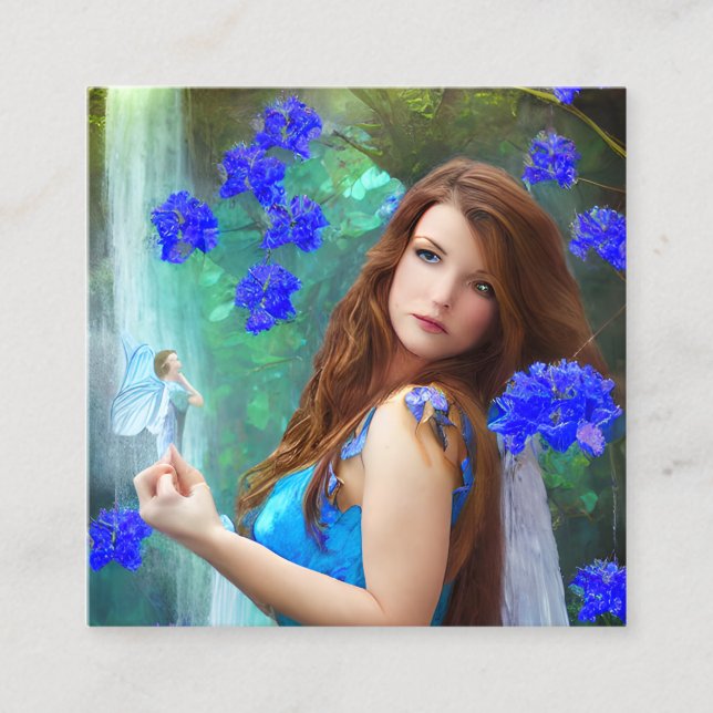 Fantasy Women Fairy Portrait with Blue Flowers and Square Business Card (Front)