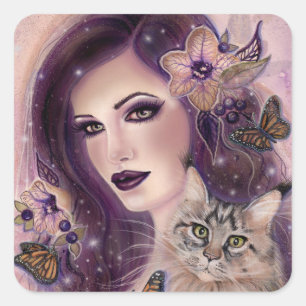 Fantasy women with cat by Renee Lavoie  Square Sticker