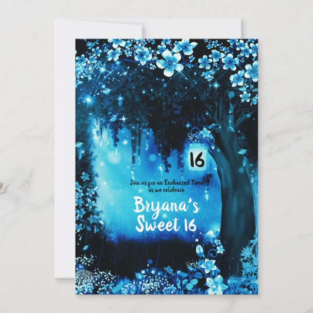 Fantasy Woodland Enchanted Blue Forest Sweet 16 Invitation (Front)