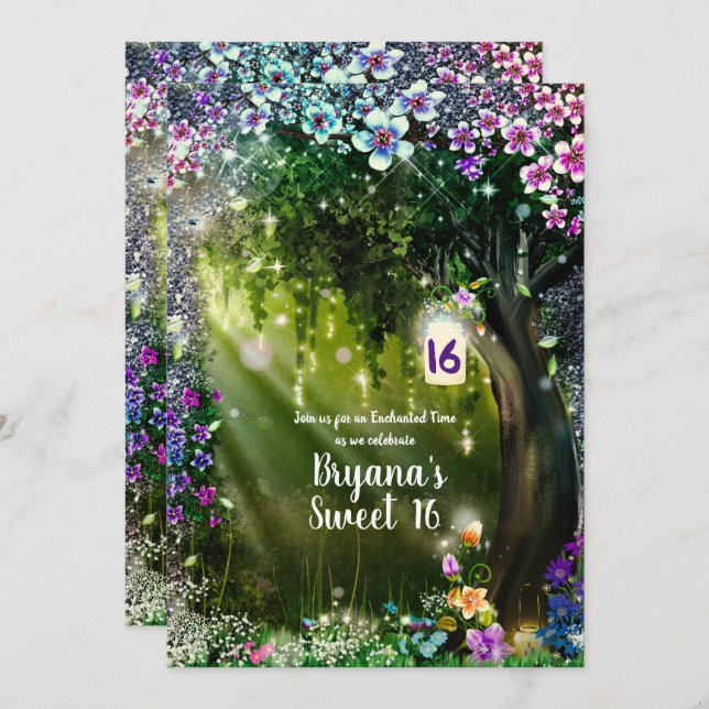 Fantasy Woodland Enchanted Forest Flowers Sweet 16 Invitation (Front/Back)
