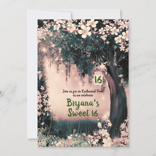 Fantasy Woodland Enchanted Pink Forest Sweet 16  I Invitation (Front)