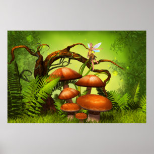 Fantasy World Forest, Large Mushrooms and Fairy  Poster