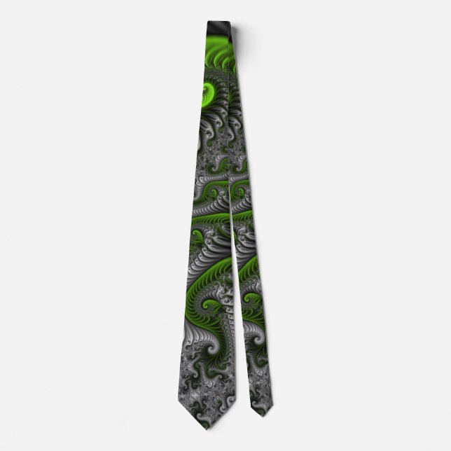 Fantasy World Green And Gray Abstract Fractal Art Tie (Front)