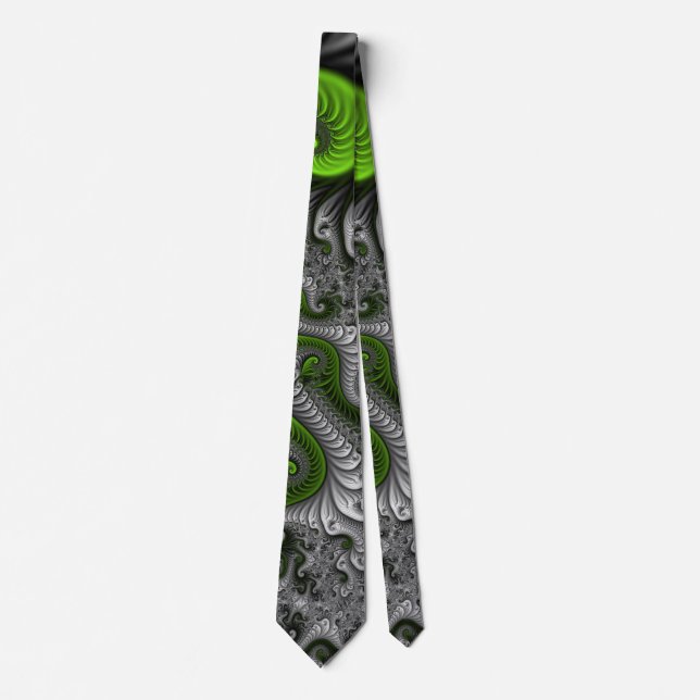 Fantasy World Green And Gray Abstract Fractal Art Tie (Front)