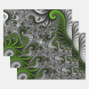 Fantasy World Green And Gray Abstract Fractal Art Wrapping Paper Sheet