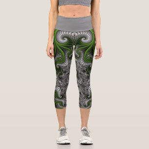 Fantasy World Green And Grey Abstract Fractal Art Capri Leggings