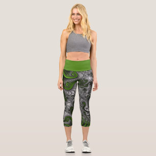 Fantasy World Green And Grey Abstract Fractal Art Capri Leggings