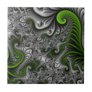 Fantasy World Green And Grey Abstract Fractal Art Ceramic Tile