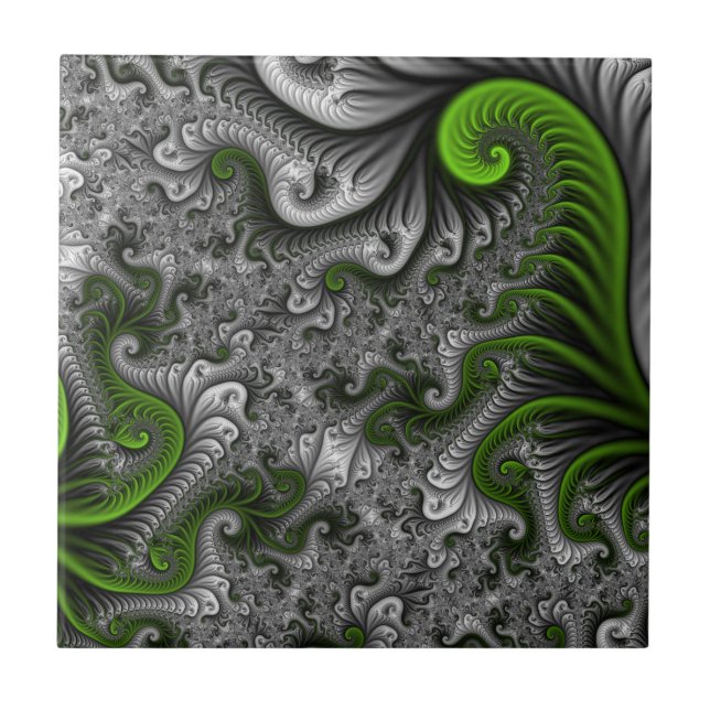 Fantasy World Green And Grey Abstract Fractal Art Ceramic Tile (Front)