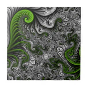 Fantasy World Green And Grey Abstract Fractal Art Ceramic Tile