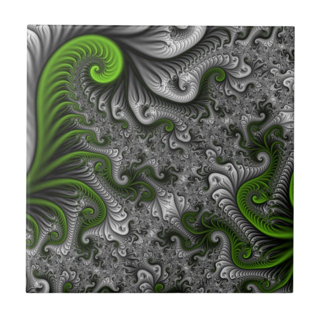 Fantasy World Green And Grey Abstract Fractal Art Ceramic Tile (Front)