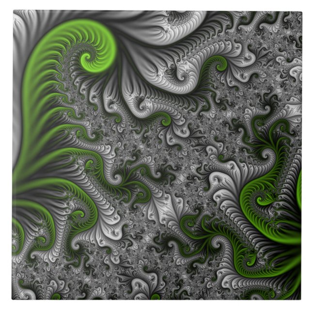 Fantasy World Green And Grey Abstract Fractal Art Ceramic Tile (Front)