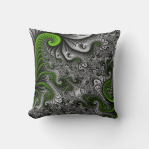 Fantasy World Green And Grey Abstract Fractal Art Cushion
