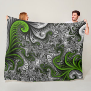 Fantasy World Green And Grey Abstract Fractal Art Fleece Blanket