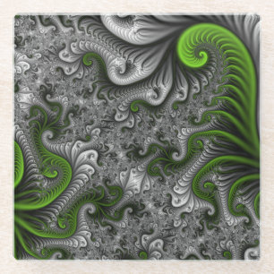 Fantasy World Green And Grey Abstract Fractal Art Glass Coaster