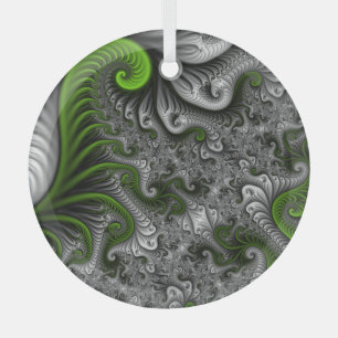 Fantasy World Green And Grey Abstract Fractal Art Glass Tree Decoration