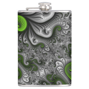 Fantasy World Green And Grey Abstract Fractal Art Hip Flask