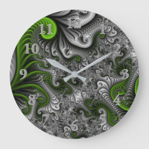 Fantasy World Green And Grey Abstract Fractal Art Large Clock
