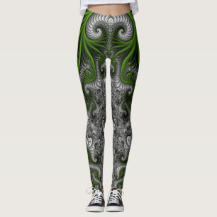 Fantasy World Green And Grey Abstract Fractal Art Leggings