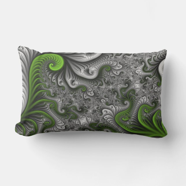 Fantasy World Green And Grey Abstract Fractal Art Lumbar Cushion (Front)