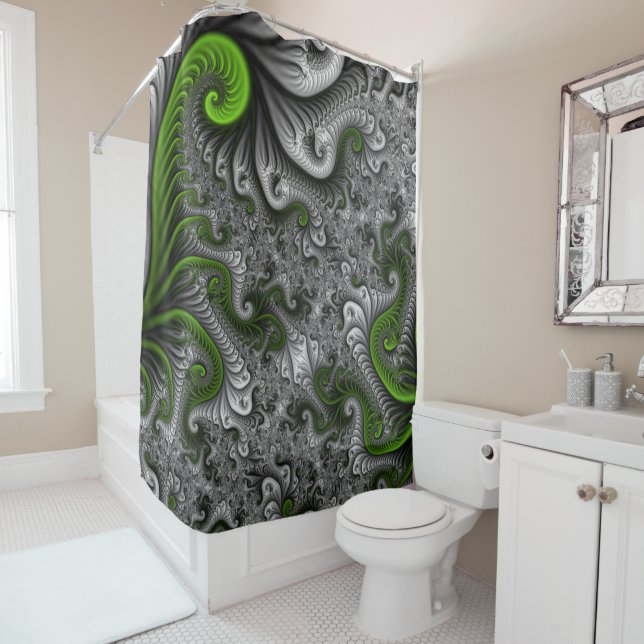 Fantasy World Green And Grey Abstract Fractal Art Shower Curtain (In Situ)