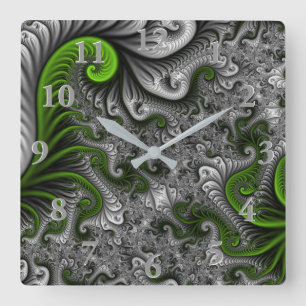 Fantasy World Green And Grey Abstract Fractal Art Square Wall Clock