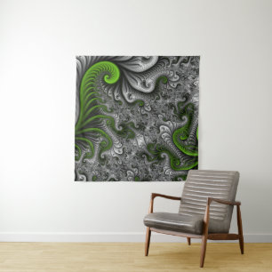 Fantasy World Green And Grey Abstract Fractal Art Tapestry