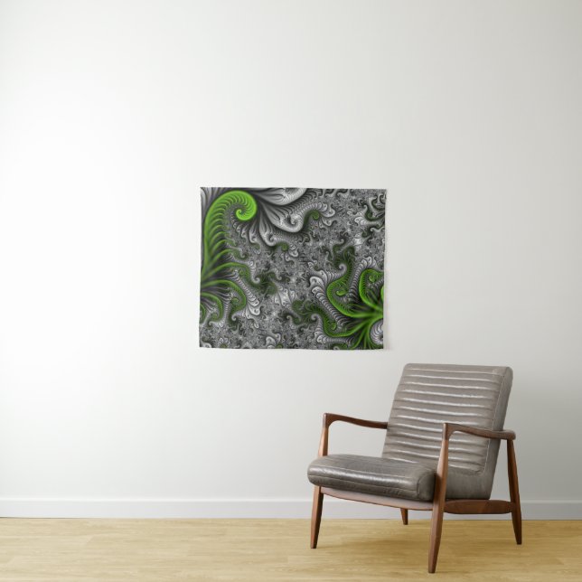 Fantasy World Green And Grey Abstract Fractal Art Tapestry (In Situ (Horizontal))
