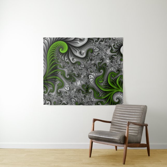 Fantasy World Green And Grey Abstract Fractal Art Tapestry (In Situ (Horizontal))