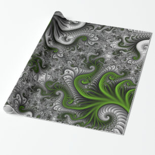 Fantasy World Green And Grey Abstract Fractal Art Wrapping Paper