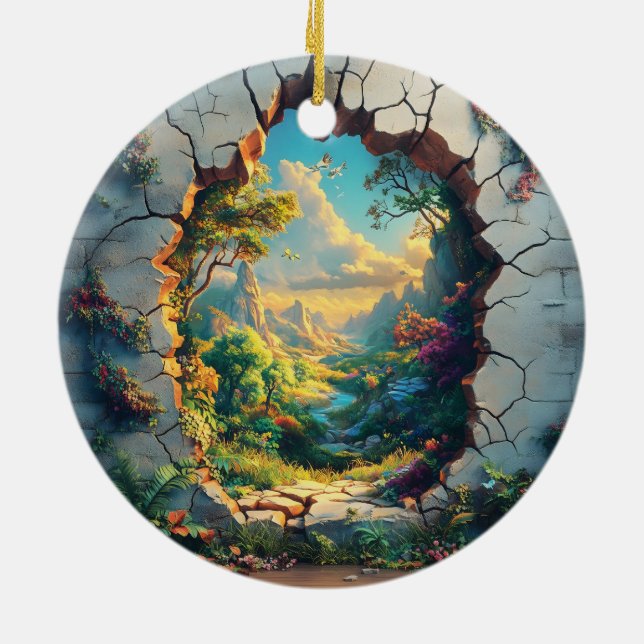 Fantasy World Through a Cracked Wall Design Ceramic Ornament (Back)