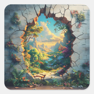Fantasy World Through a Cracked Wall Design Square Sticker