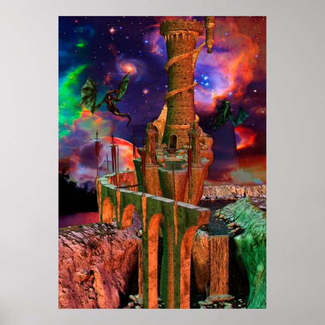 Fantasy Worlds Dragon Fight Fantasy Art Poster (Front)