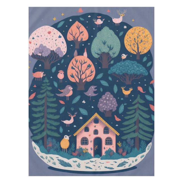 Fantasy yarn forest birds, and trees tablecloth (Front)