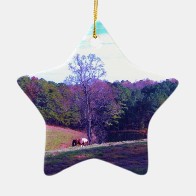 Far Away Horse in a Purple Field Ceramic Tree Decoration (Front)